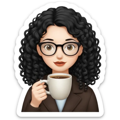 Girl curly long black hair wearing glass with drinking coffee sticker