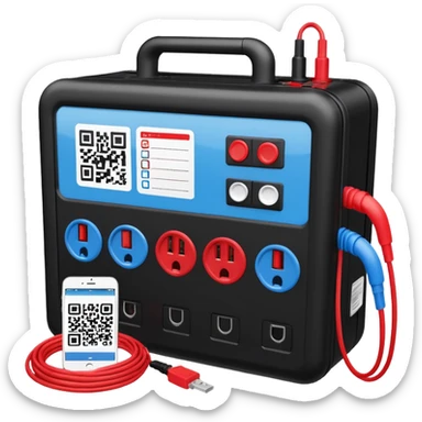 An open, black outdoor test case.Interior: control panel with colored test jacks, USB ports, and a power outlet. A red test probe is located next to it. On the left side of the case is a large roll of white, round test labels displaying QR codes. A blue cable leads out of the side of the case. sticker
