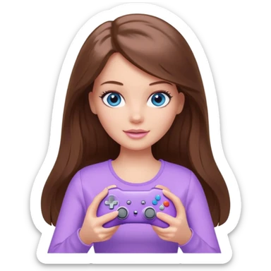 beautiful barbie girl with long brown hair, blue eyes and wearing light purple clothes playing console games with controller sticker