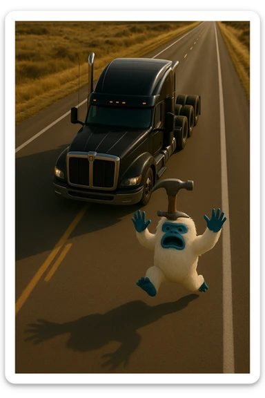 Add a hammer on top of the abominable snowman's head, keep the scene realistic, top-down view, no text. sticker