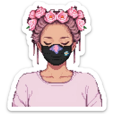 Pixel art girl sleeping with pink beauty face mask, hair in messy bun, self care sticker