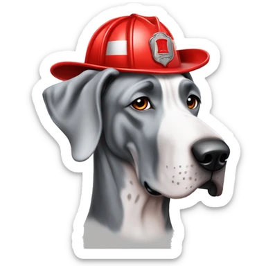 Merle grey Great Dane wearing a red fire fighter hat  sticker