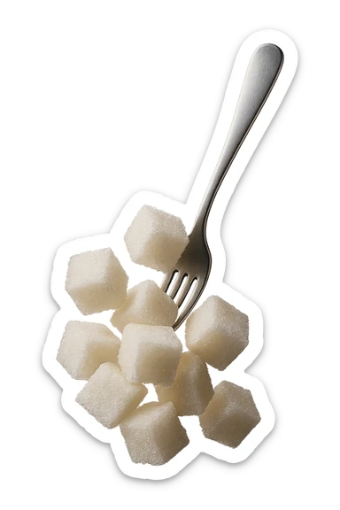 monagna di zollette di zucchero con una forchetta appizzata sopra, fluttuano in aria, iperrealistico 4k sticker