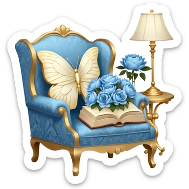 A cozy vintage-inspired reading nook, with an overstuffed ivory armchair, a golden reading lamp, and a bouquet of soft blue roses, white peonies, and dahlias resting on a small lace-covered side table, as a pearl butterfly gently rests on the open book.  sticker