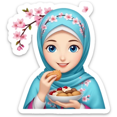Turkish beautiful finish Konya girl blue eyes with cherry blossom floral hijab islamic dress and she’s savouring delicious food face sticker