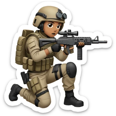 A skilled airsoft player in tactical gear, aiming a gun and shooting metal BBs in a desolate, ruined landscape. The setting is filled with broken walls and debris, creating a tense atmosphere of strategy and precision in a high-stakes tactical environment sticker