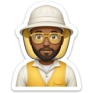 black male bee keeper with beard, white hat and yellow glasses, white outfit,  sticker