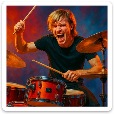 male drummer with blonde hair, long on top with bangs, playing drums, energetic expression, modern style sticker