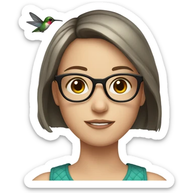 Girl pale , brunette, with short hair, wearing glasses with a hummingbird next to her sticker