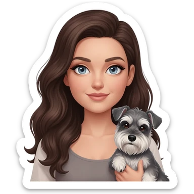 Brunette grey blue eyes white girl with long wavy hair and thick eyeliner holding a salt and pepper miniature schnauzer sticker