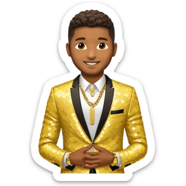 Usher with dark brown, butter yellow sequin suit jacket, shirtless with necklace sticker
