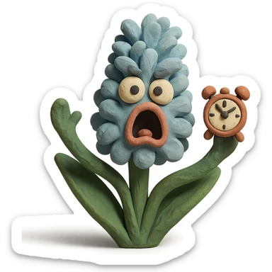 pastel blue hyacinth flower with alarmed eyes and a screaming mouth, waving a tiny alarm clock, fluffy and round, claymation style sticker