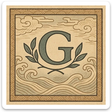 logo featuring the letter G with stylized leaves, elegant Japanese-inspired design, traditional ukiyo-e background with waves or clouds sticker