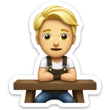 a blond man sitting on a stool and wondering, staring upwards while looking worried  sticker