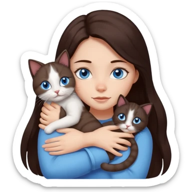 a girl with long dark 
brown hair, with blue eyes, hugs 3 different natural coloured cats sticker