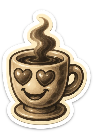 Ink wash style, coffee cup creature, big heart eyes, dopey smile sticker
