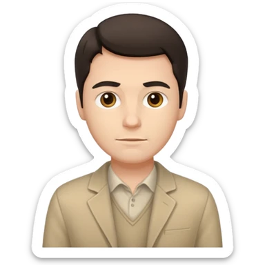 A white man with dark hair and beige clothes sticker