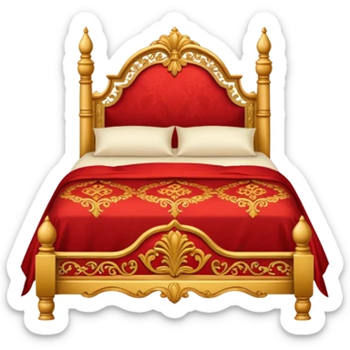 bed with red and gold sheets, wooden sticker