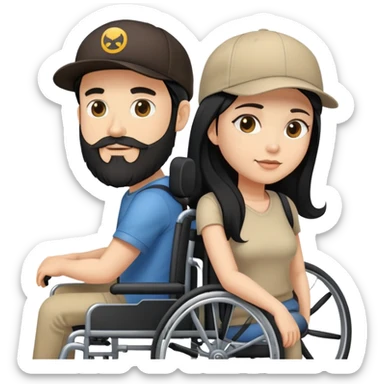 Beige skin man with a beard and cap in a wheelchair and a dark brown skin woman with long black hair in a wheelchair  sticker