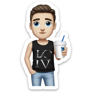 white boy with blues eyes and dark eyebrows wearing a black tanktop with dior written on it, he’s got a lv bag on his hand and a cup of iced coffe on the other sticker