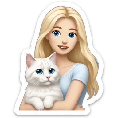 woman with blonde hair and holding a all white Siberian cat with blue eyes sticker