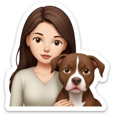 girl with dark brown long hair with her pitbull dog brown and white sticker