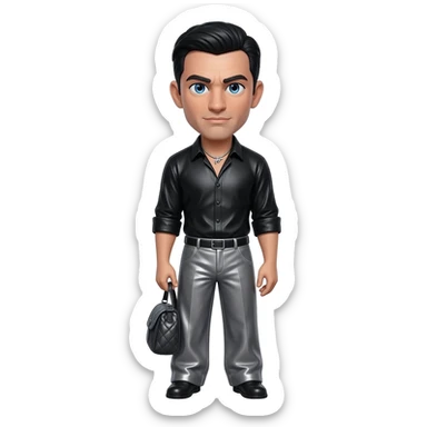 James Bond from James Bond with blue eyes, black hair, black metallic shirt, charcoal metallic baggy pants, silver necklace sticker