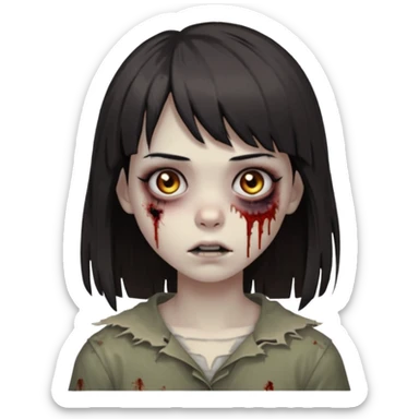zombie 🧟‍♀️+👩🏻= girl dark hair long her shoulders bangs and ragged haircut gray eyes sticker