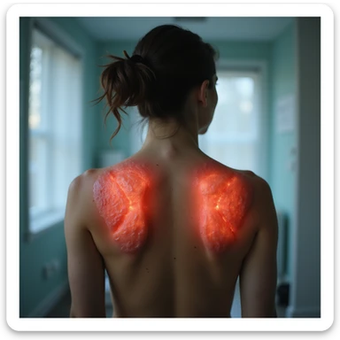 hyperrealistic 4K image of a woman seen from behind with inflamed shoulder blades, red and swollen skin above the shoulder blades, medical environment, variant 4 with slightly changed head position sticker