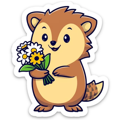 hedgehog holding a bouquet of daisy flowers sticker