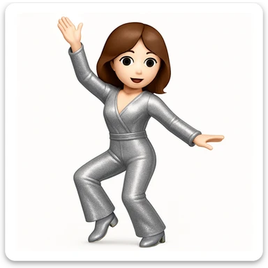 Make the woman do the exact pose of the 🕺🏻 emoji (one arm up, one arm out, one leg bent), keep white skin, brown hair, sparkly jumpsuit, emoji style sticker