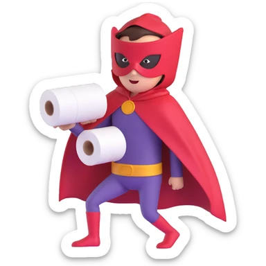 toilet roll superhero, dynamic pose, mask and cape, fun and bold, suitable for an emoji sticker