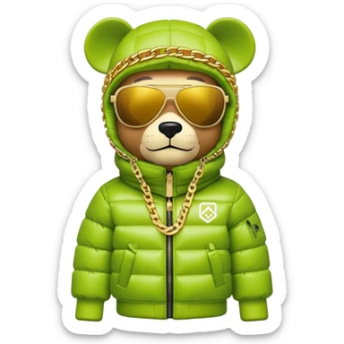 geometric bearbrick wearing lime balaclava with brand logos, continuous horizontal visor sunglasses as one piece across entire face, no eye division, luxury puffy down jacket with fur collar, heavy gold chains sticker