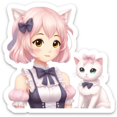 Gorgeous anime style catgirl with blushing face with maid outfit bow tie idol model kawaiicore pearly petite simplistic aesthetic trending style sticker