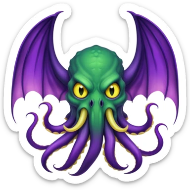 deep green Cthulhu with purple bat wings and purple gradient tentacles. Yellow angry eyes. yellow suckers on tentacles. dramatic ominous shading. two saber-teeth sticker