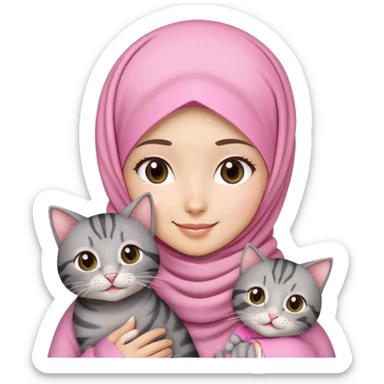 Asian white girl wearing pretty pink hijab holding a black grey tabby cat with smiling sticker