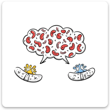 Anatomical diagram of antimicrobial mechanism: red bacteria with labeled parts (cell wall, membrane, DNA) surrounded by yellow antibiotic molecules and blue antimicrobial peptides breaking through cell structures. Hand-drawn scientific illustration with detailed cross-section view. sticker