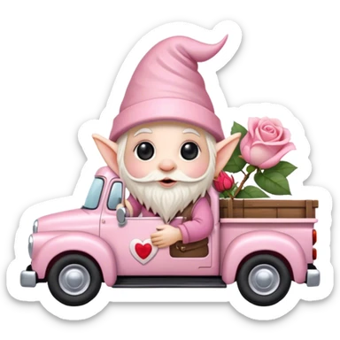 An adorable little pale pink Valentine’s Day style gnome with large glistening eyes, holding a rose with hearts in the background riding in the back of a beat up old pick up truck sticker
