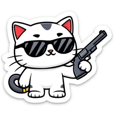 black cat with sunglasses and a gun sticker