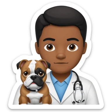 joven médico con el pelo un poco largo pero no tanto y lacio, que tenga un estetoscopio de color de piel tez negra calida !!! que sostiene un bulldog francés blanco y negro  sticker