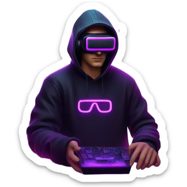 Russian man wearing a black hoodie with "OMG" letters on it and VR headset in a cyberpunk VR environment with violet neon lighting. sticker