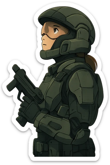 A female odst, right shoulder profile, helmet on, looking up to the sky, holding their trademark suppressed smg at ease sticker