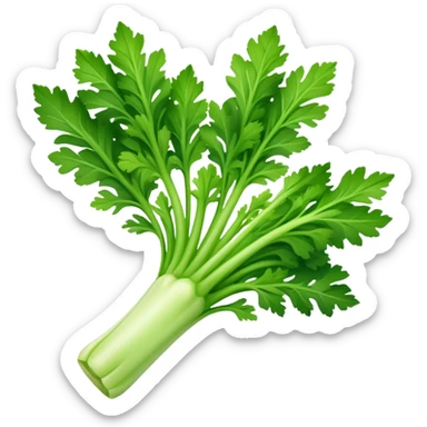 A fresh celery stalk, green and crisp, with its long, fibrous stems and leafy tops. It’s often used in cooking or as a crunchy snack sticker
