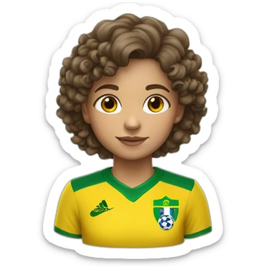 A White 12 years old girl with curly vers brown hair wearing Brazil football shirt sticker