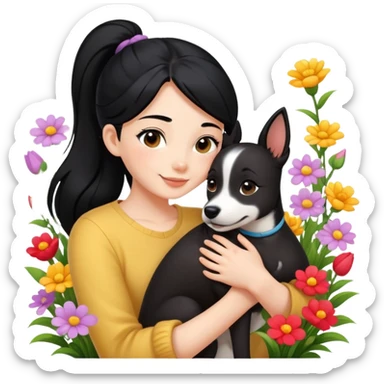 A beautiful girl with black ponytail happily hugs a dog in the flowers sticker