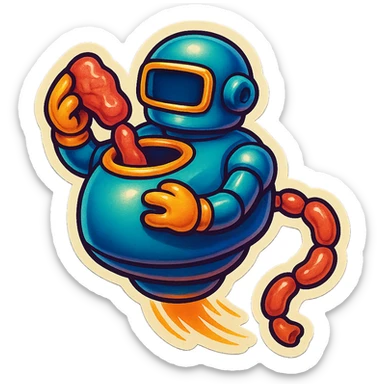 a robot that uses arms to put meat in large hole on top. sausage links come out robots rear. no legs on robot. robot hovers. robot feeds itself meat sticker