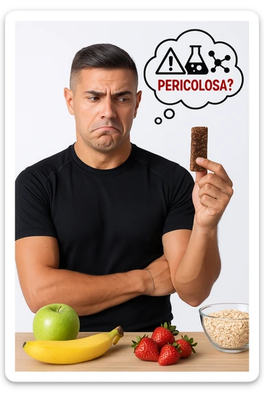 un uomo in abbigliamento sportivo tiene in mano una barretta proteica, osservandola con un’espressione scettica e preoccupata. Sopra la barretta, una nuvoletta di pensiero mostra simboli di allarme, ingredienti chimici e la scritta “Pericolosa?” in rosso. Sullo sfondo, frutta fresca e altri snack naturali sono visibili sul tavolo, sottolineando la sua preferenza per alternative più sane. sticker