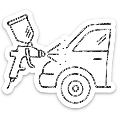 hand-drawn outlined icon of a paint spray gun pointing at a car section, light layer of glossy black paint spraying out, silver details, clean lines, no excess paint, clean and modern sticker
