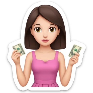 brunet Woman with pink dress holding dolar sticker