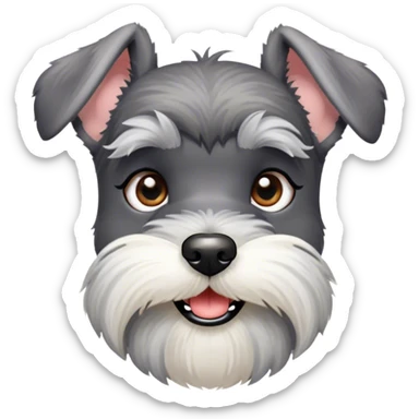 Cinematic Cute Miniature Schnauzer Portrait Emoji, Head cheerfully cocked with expressive, twinkling eyes and a neatly trimmed, adorable salt-and-pepper fur, simplified yet endearingly detailed, glowing with a bright, friendly radiance, high shine, exuding smart and spunky charm, styled with a delicate, whimsical outline, capturing the essence of a cute Miniature Schnauzer that appears ready to scamper off the screen with delightful energy! sticker